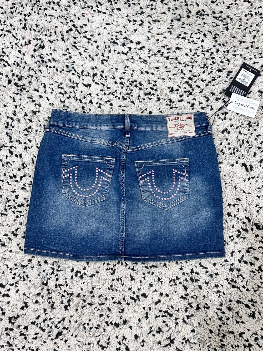True Religion Women's Blue Denim Mini Skirt with Studded Pocket Detail size 28